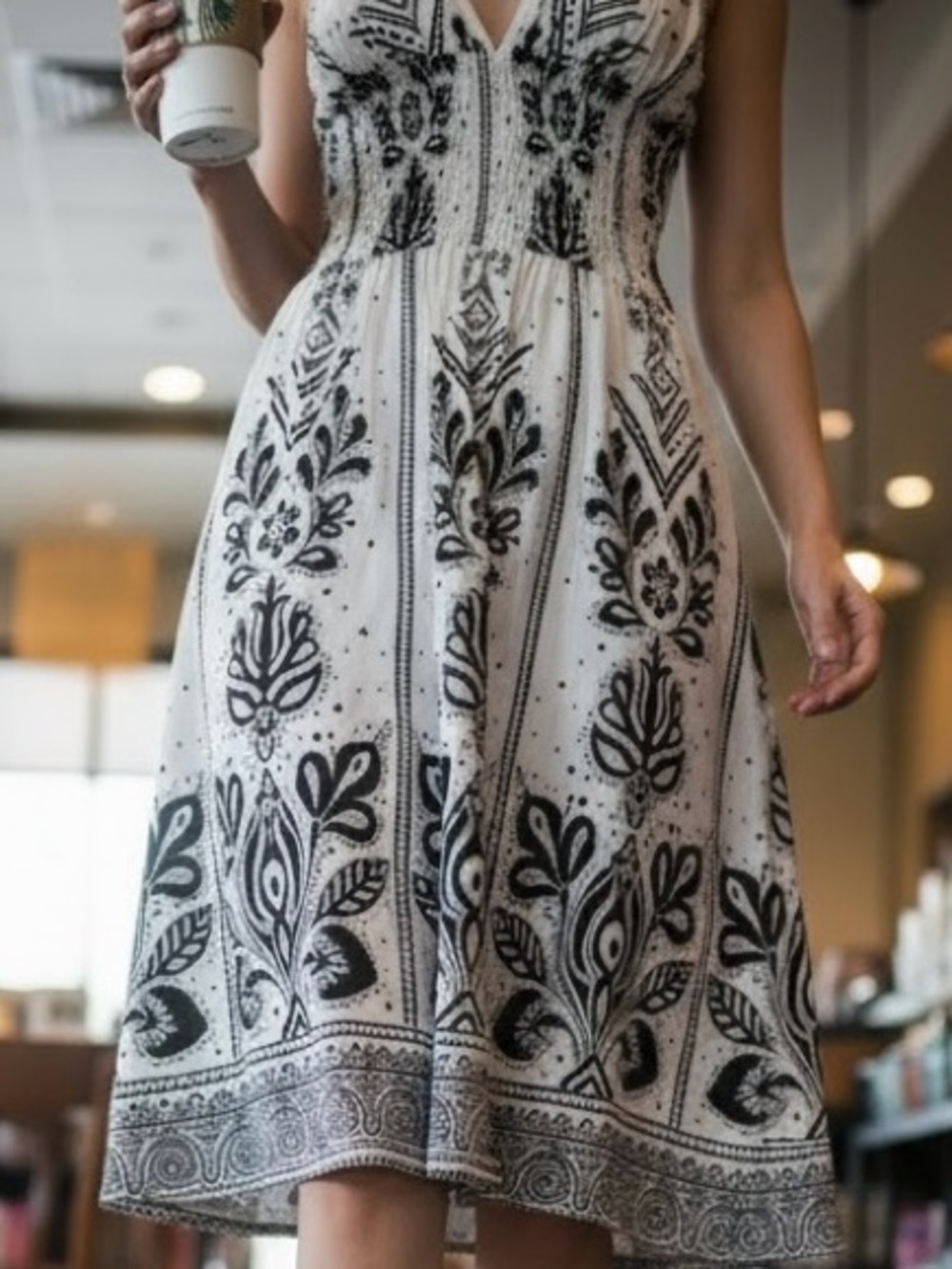 Striking 100% Cotton White and Black Bandana Printed Boho-Chic Dress Beach SZ L - Picture 11 of 11